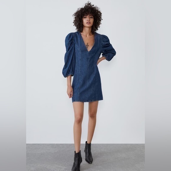 Zara Denim Dress With Puff Sleeves